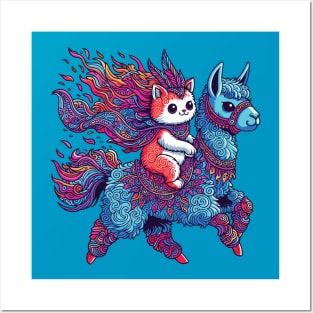 Cute cat riding blue alpaca Posters and Art